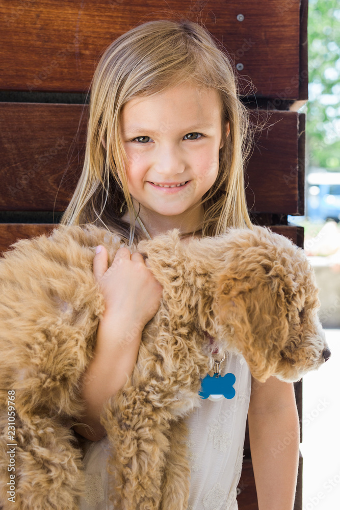 Little Girl Holding Golden Doodle Puppy Little Girl Holding Golden Doodle Puppy