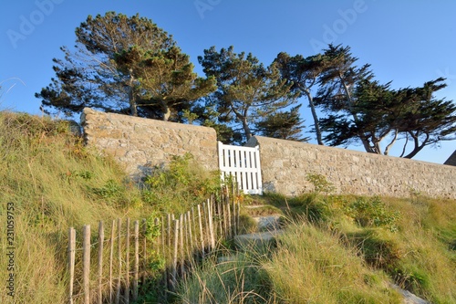Ganivelles et portail en bois sur la côte bretonne