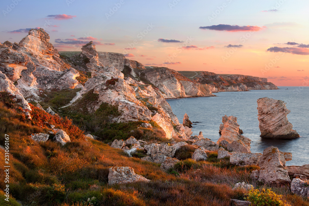 Autumn Jangul coastline, Crimea at sunset