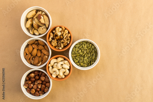 Top view of variety of nuts and seeds