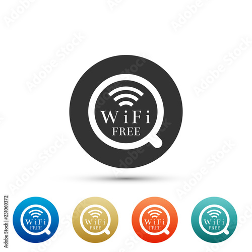 Cup of coffee shop with free wifi zone sign isolated on white background. Internet connection placard. Set elements in colored icons. Flat design. Vector Illustration