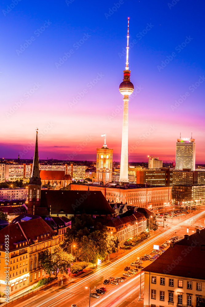 Fototapeta premium Aerial view of Berlin city skyline colorful at sunset ,Germany