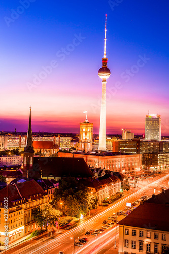 Aerial view of Berlin city skyline colorful at sunset ,Germany