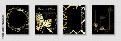 Tropical Wedding Invitatinon Vector Cards Set. Exotic Border, Pattern, Frame for Premium Rich Wedding Celebration. Trendy Marble Design Monstera, Banana Leaves Frame Background. Luxury Gold Invite.