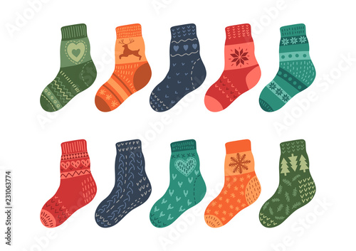 Warm knitted socks on white background. Vector illustration.