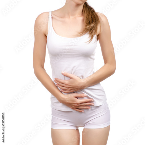 Woman stomach ache health care concept on white background isolation