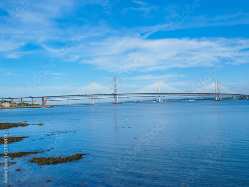 View of the Queensferry Crossing bridges over the Firth of Forth, Edinburgh, Scotland, UK.