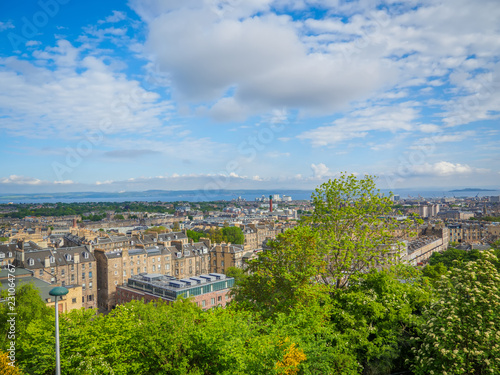 Beautiful view of Edinburgh, Scotland, UK and the Firth of Forth from Calton Hill on a bright sunny day.