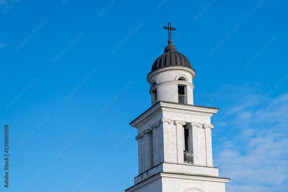 The Metropolitan Cathedral Nativity of the Lord steeple towards a blue sky, in Chisinau, Moldova