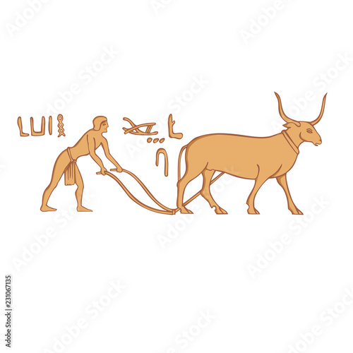 Egyptian hieroglyph depicting a man plowing on a bull.
