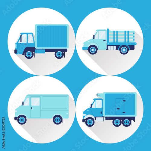 Set of truck icons in flat style with long shadow