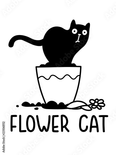 A Cartoon Vector Outline Drawing Of A Cat Sitting In The Flower Plant Pot