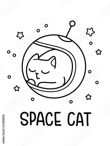 A Cartoon Vector Outline Drawing Of A Cat Sleeping In A Spacesuit Helmet In Space