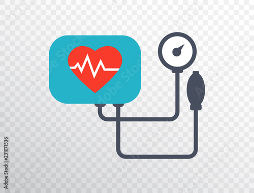 Heart pressure icon in flat style. Arterial blood pressure checking concept. Blood pressure meter isolated on transparent background. Medical examination. Healthcare. Heart test. Vector illustration