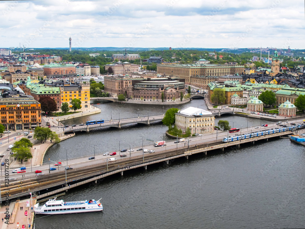Sweden Stockholm. Wonderful aerial panorama from observation deck on tower City Hall to Gamla Stan (Old Town)