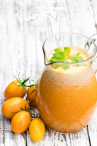 Fresh tomato juice made from the golden-yellow tomatoes