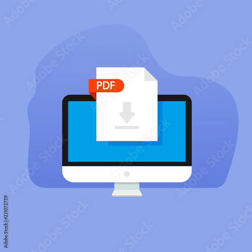 Monitor with pdf file paper download sign, banner download document file pdf zip sheet button computer laptop pc. Downloading element concept. Vector flat cartoon illustration