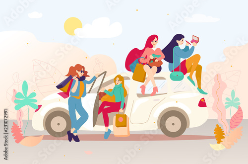 Group of girls with bags after shopping in a car