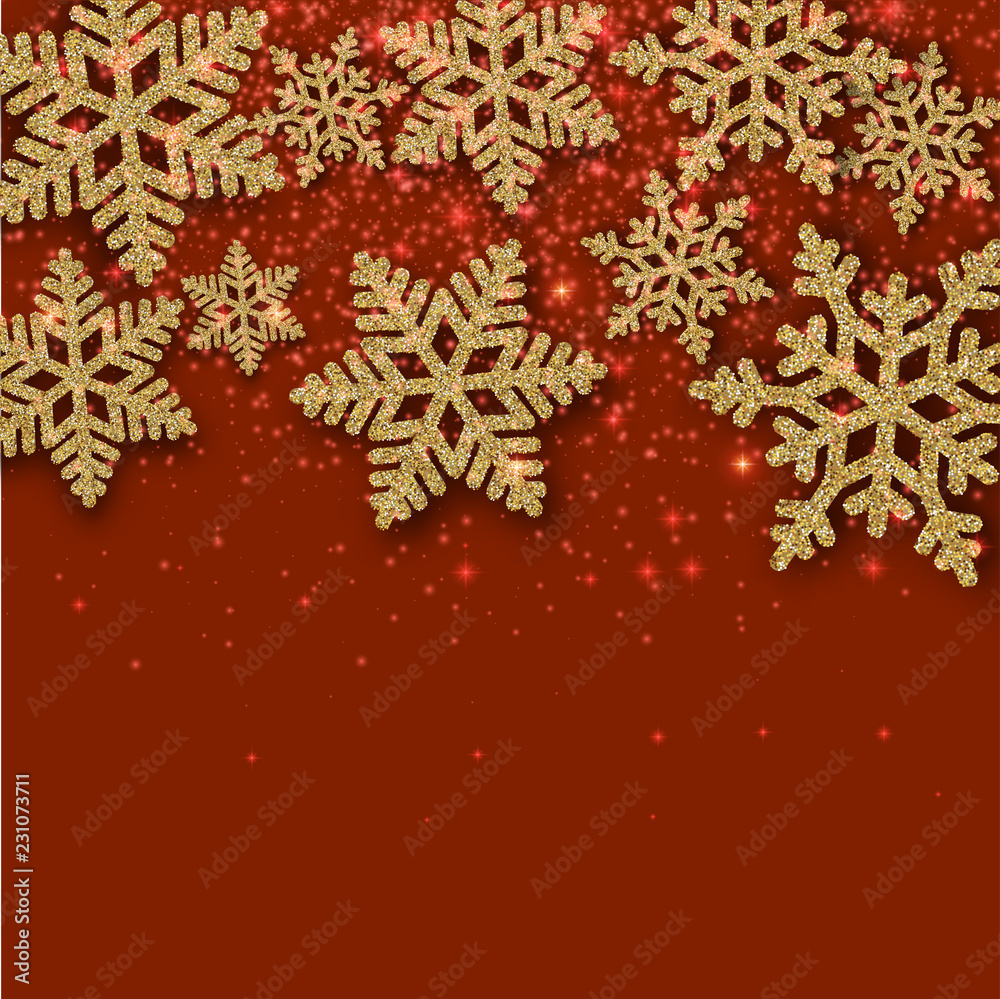 Red winter, Christmas and New Year background with golden shiny snowflakes. Red winter, Christmas and New Year background with golden shiny snowflakes.