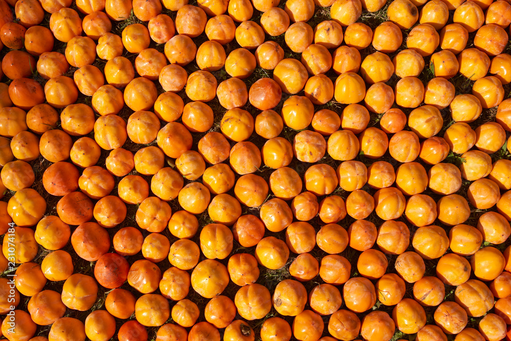 Fototapeta premium Fresh juicy persimmons fruit background, close-up. Agriculture and harvesting concept 