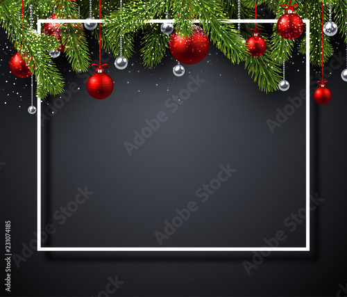 Christmas and New Year shiny poster with fir branches and Christmas balls.