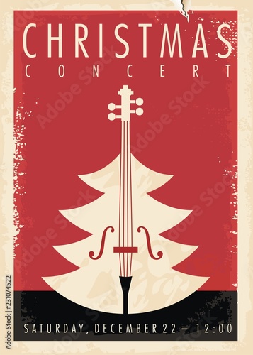 Christmas concert retro poster design for musical event. New year holiday theme.