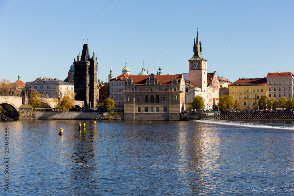 Colorful autumn Prague Old Town above River Vltava, Czech Republic