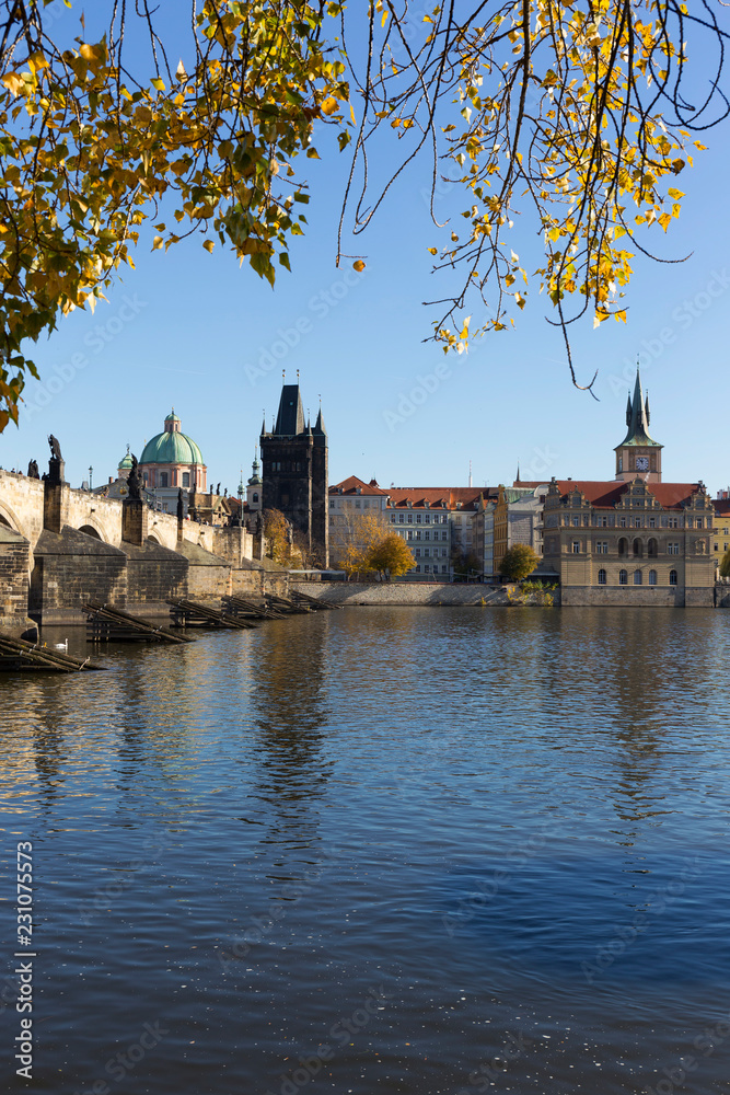 Colorful autumn Prague Old Town above River Vltava, Czech Republic