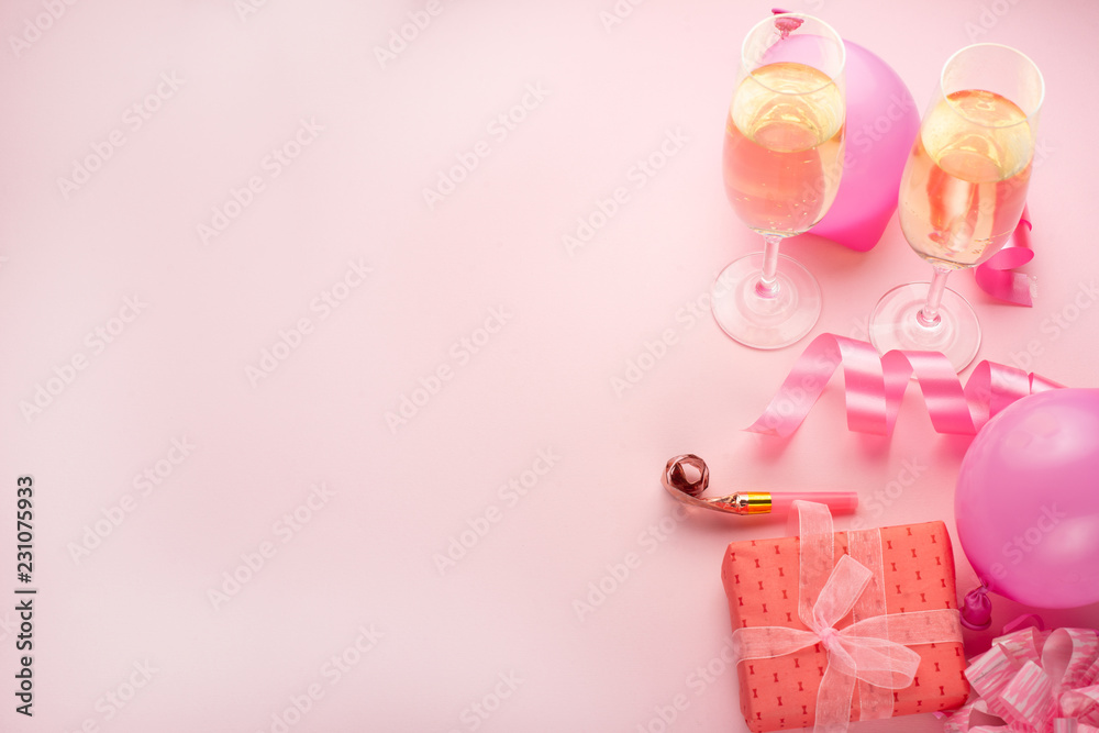 Champagne, gift, bow. Invitation, birthday, party on the occasion of girlhood, the concept of a baby shower, a holiday on a pink background. Banner for inscriptions, announcements for birthday Champagne, gift, bow. Invitation, birthday, party on the occasion of girlhood, the concept of a baby shower, a holiday on a pink background. Banner for inscriptions, announcements for birthday