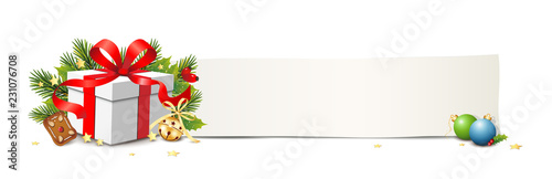 Weihnachtsbanner mit blanko Werbekarton, mit  Geschenk, Tannenzweige, Weihnachtskugeln und Gold Sternchen, 
Vektor Illustration isoliert auf weißem Hintergrund