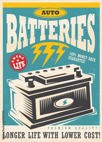 Auto lite batteries vintage ad design template. Retro poster transportation and car parts vector leaflet layout.