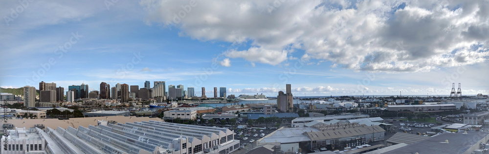 Aerial view of the Honolulu Port and downtown skyline