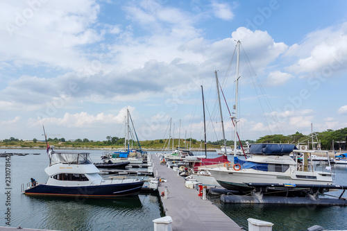 JOHOR BAHRU, MALAYSIA -AUG 3rd, 2017 :Yacht are docking at the Marina Bay in the Puteri Harbour. Puteri Harbour is located at the Kota Iskandar, Nusajaya, Johor Bahru, Malaysia