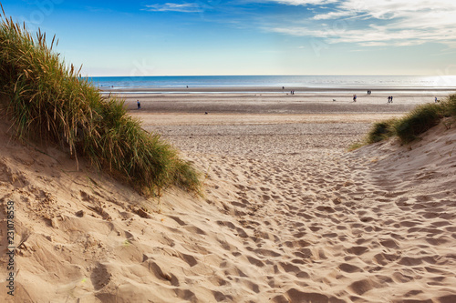 Camber Sands, sandy beach at the village of Camber, East Sussex near Rye, England, the only sand dune system in East Sussex. View of the dunes, grass, sea, selective focus photo