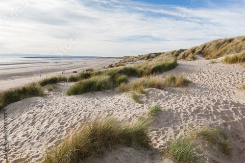 Camber Sands, sandy beach at the village of Camber, East Sussex near Rye, England, the only sand dune system in East Sussex. View of the dunes, grass, sea, selective focus photo
