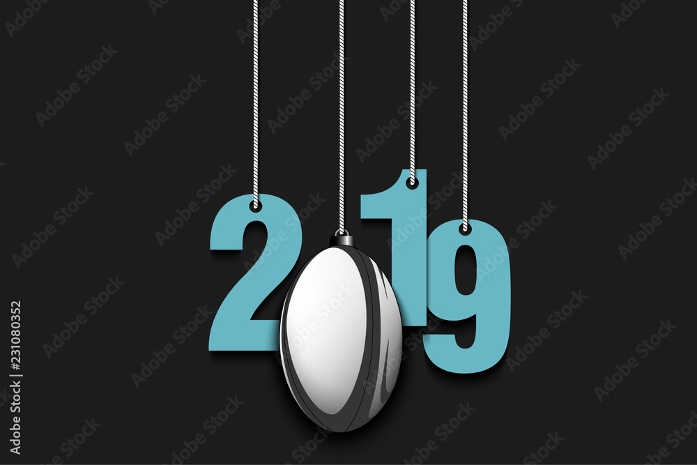 2019 New Year and rugby ball hanging on strings 2019 New Year and rugby ball hanging on strings