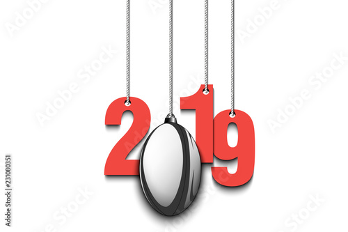 2019 New Year and rugby ball hanging on strings