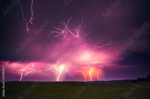 Composite landscape image of lightning thunder-storm, Lithuania