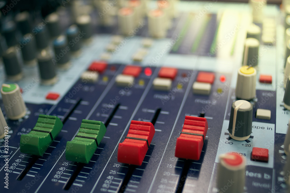 Control panel of mixing console in closeup