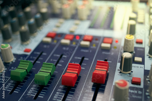 Control panel of mixing console in closeup