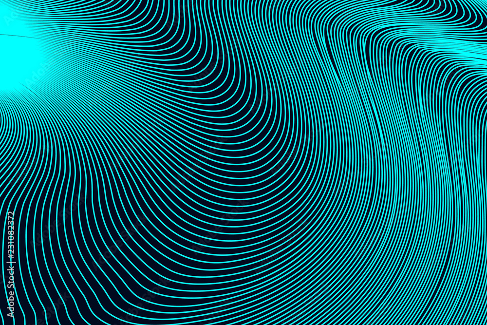 Abstract Dark Turquoise Geometric Pattern with Waves. Striped Spiral Texture. Raster Illustration
