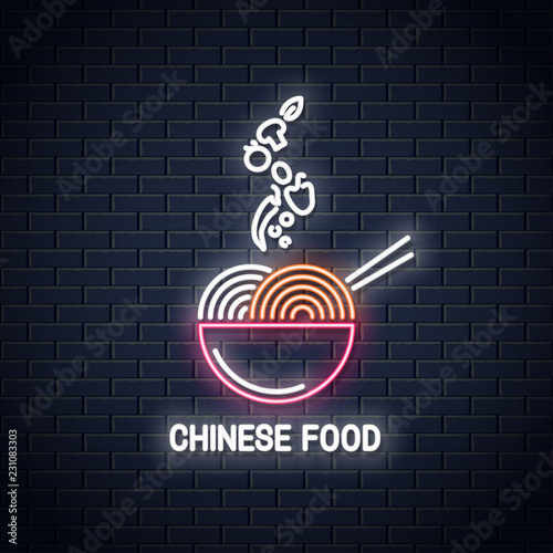 Chinese food neon logo. Chinese noodles or pasta neon banner on wall background