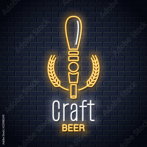 Beer tap neon logo. Craft beer neon sign on black background
