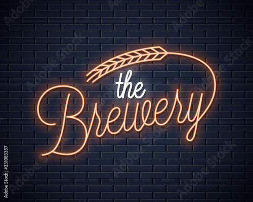 Beer vintage neon lettering. Brewery neon sign with wheat on black background