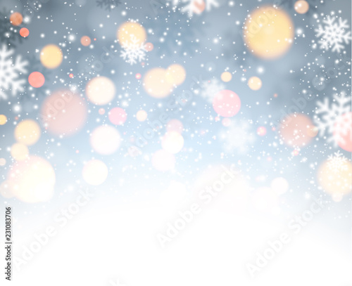 Blue shiny winter festive background with snow.