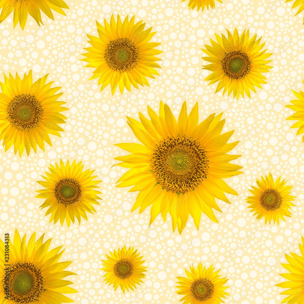 Seamless pattern with big bright sunflowers and dots on yellow background. Seamless pattern with big bright sunflowers and dots on yellow background.