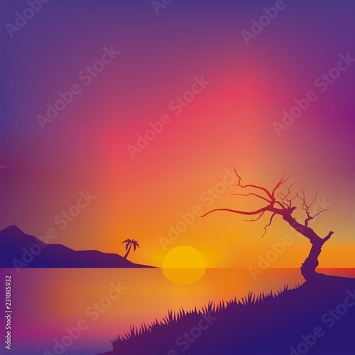 Sunset Scenery Vector with Purple Color