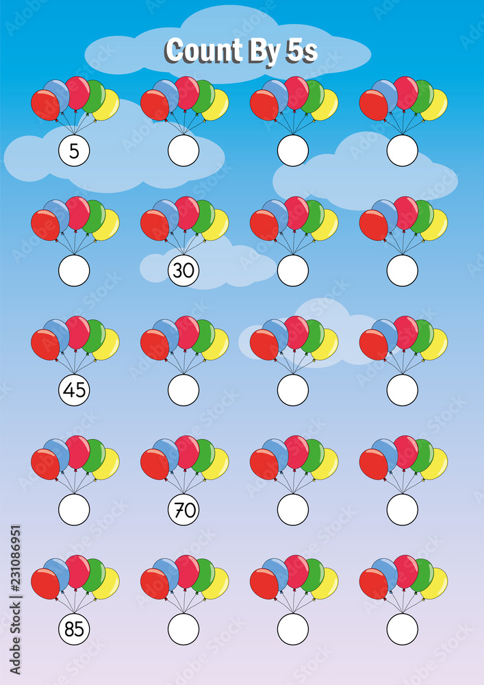 count by 5s practice worksheet, write the missing numbers, Stock Vector