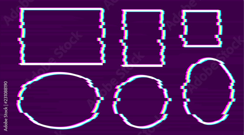Trendy glitch effect. Set of white pixel frames (circle, rectangle, oval, square shape) on purple background with pink, blue, yellow channel. 3d techno disintegration text box. Dark minimal geometric