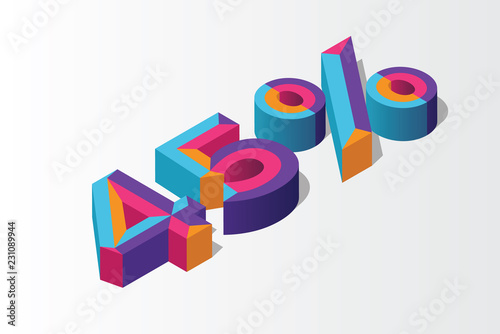 Isometric 45% percent off, 3D sale background, colorfull polygonal triangle object. Eps10 Vector.
